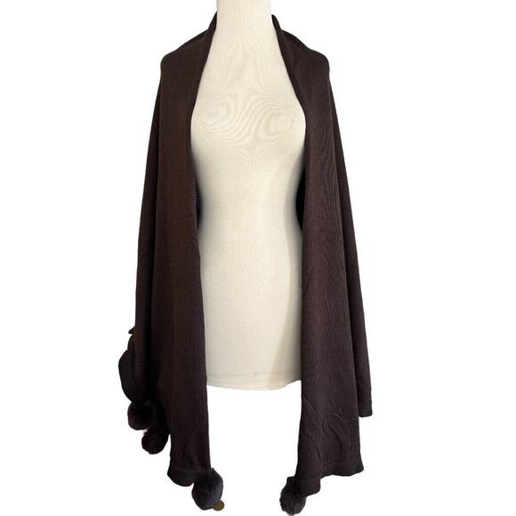 Marina D'Este Brown Wool Blend Shawl Rabbit Fur Pom Poms 86